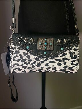 NWT black and white western leopard embellished crossbody purse